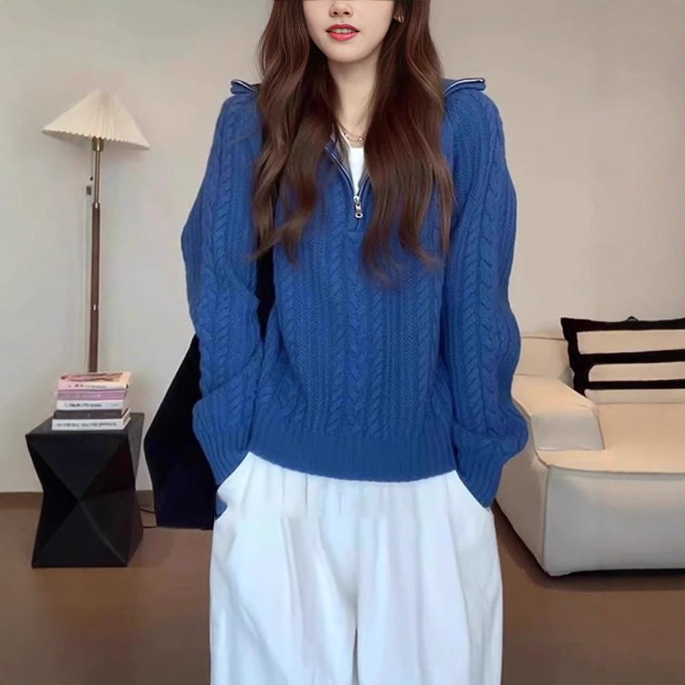 日系克莱因蓝色半拉链毛衣女秋冬