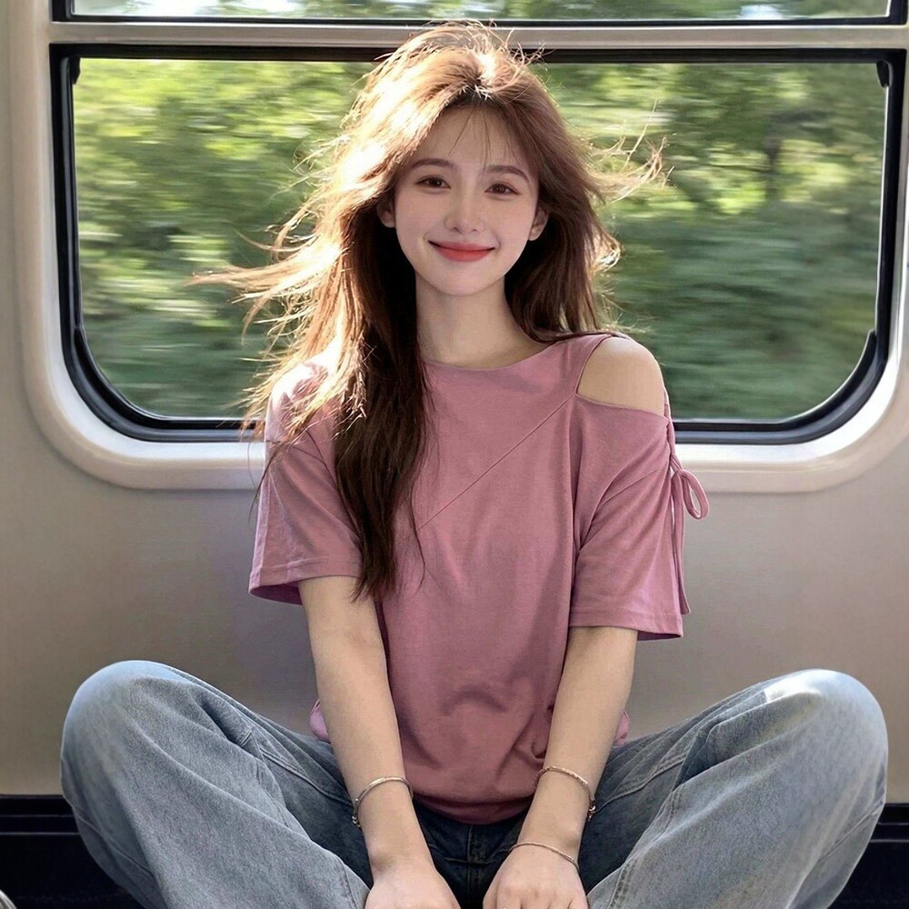 日系粉色镂空绑带圆领短袖t恤女