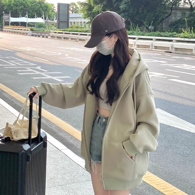 连帽加绒加厚开衫卫衣女