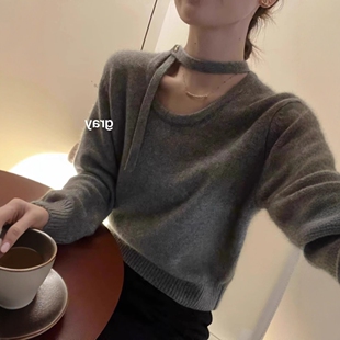 日系挂脖飘带针织衫女秋冬季2025新款毛衣小心机设计感高级感上衣