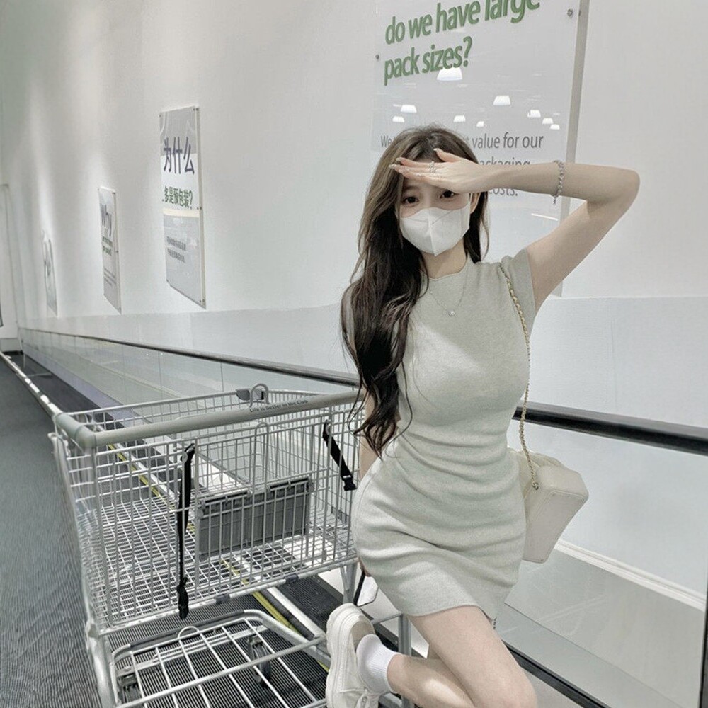 日系短袖针织连衣裙女包臀短裙