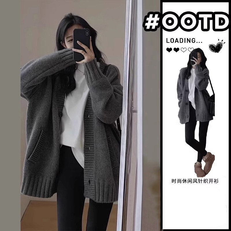 慵懒风毛衣灰色针织开衫外套女