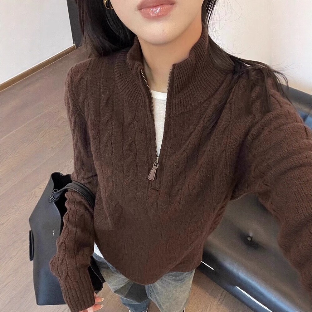 日系美拉德立领麻花针织衫女秋冬