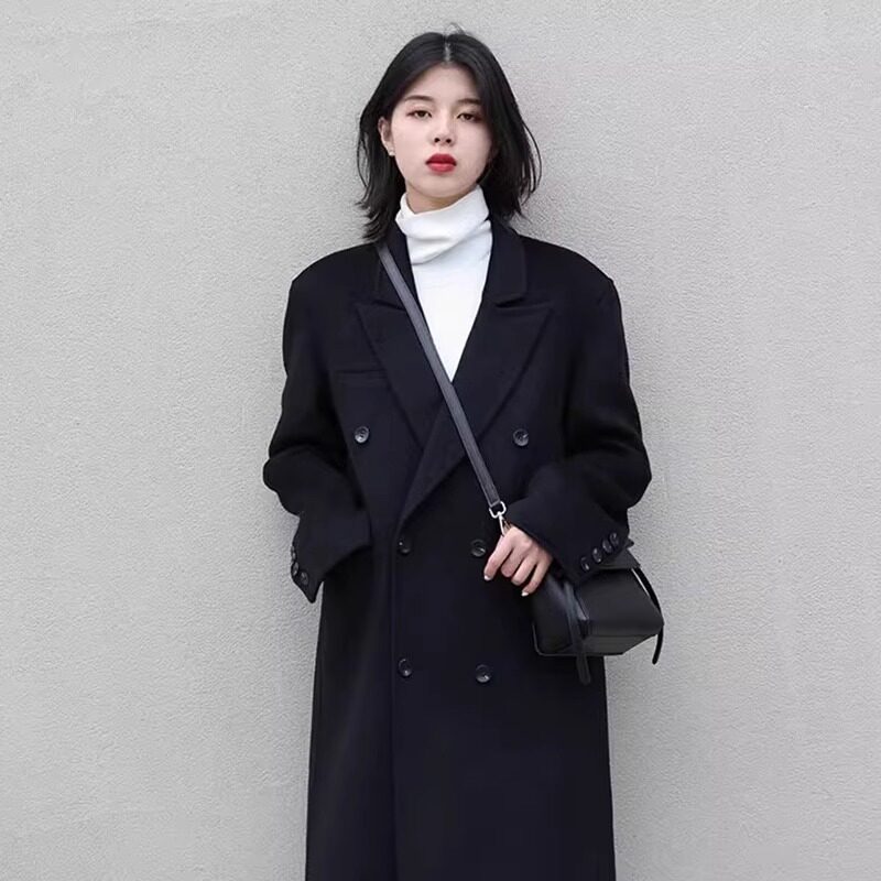 黑色赫本风西装毛呢大衣女