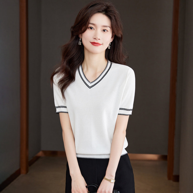 冰丝薄款V领短袖针织衫女