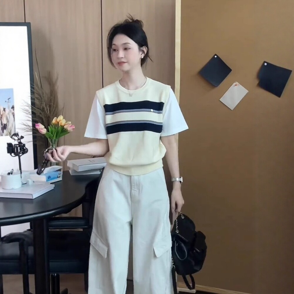日系条纹假两件短袖t恤女夏季
