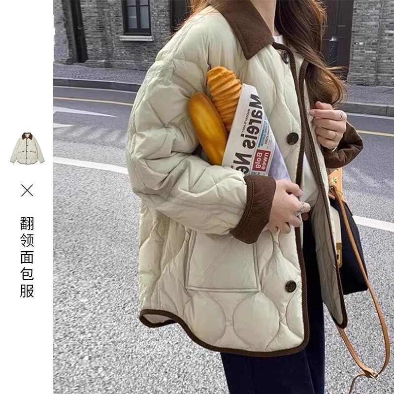 撞色短派克服灯芯绒翻领面包服