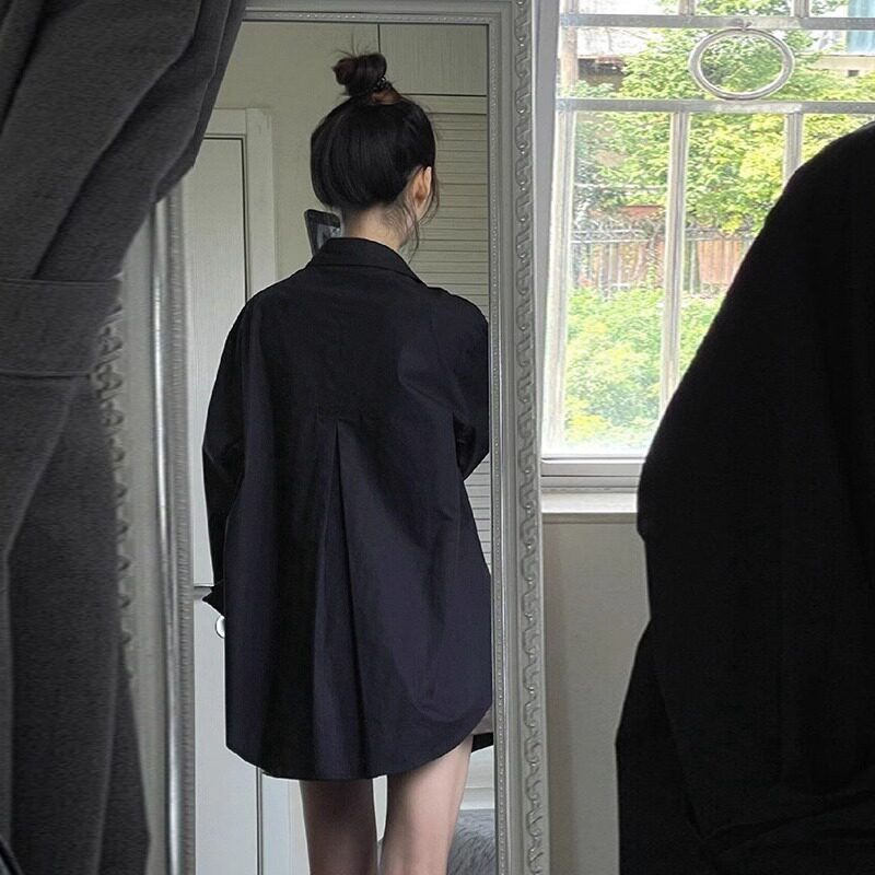 小众冷淡系别致黑色宽松衬衫女