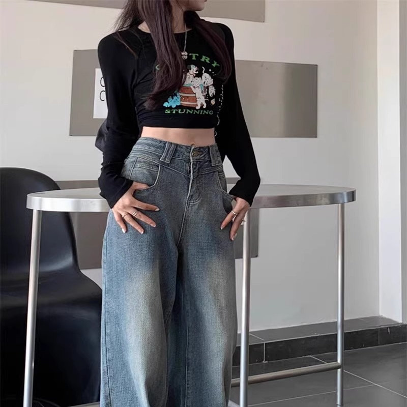 高腰牛仔裤女宽松阔腿裤显瘦直筒
