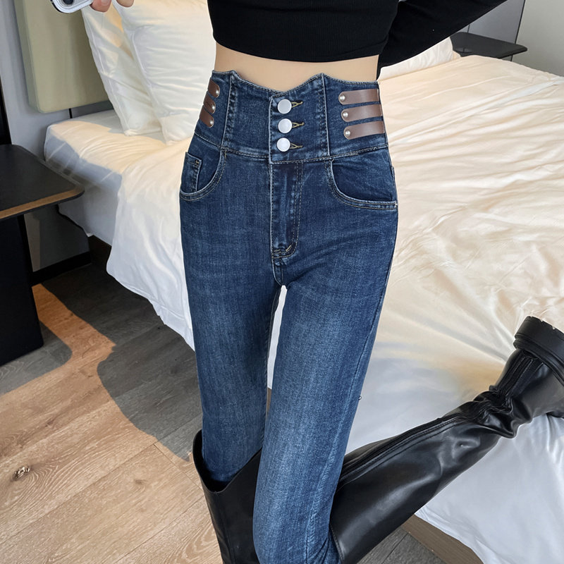高腰排扣牛仔裤女提臀弹力紧身