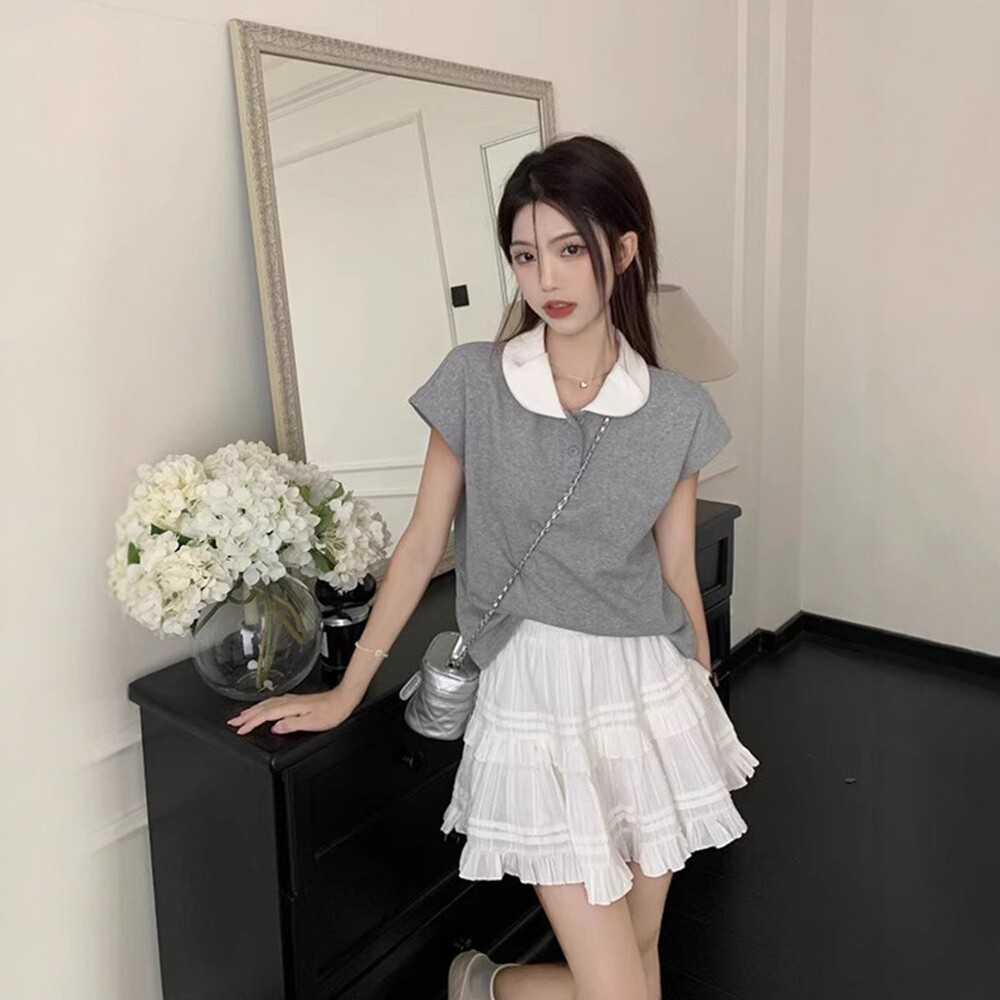 日系翻领短袖t恤女夏季polo衫