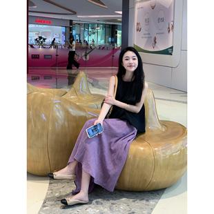 黑色背心上衣温柔紫色半身长裙套装 复古气质穿搭两件套 女夏季 新款