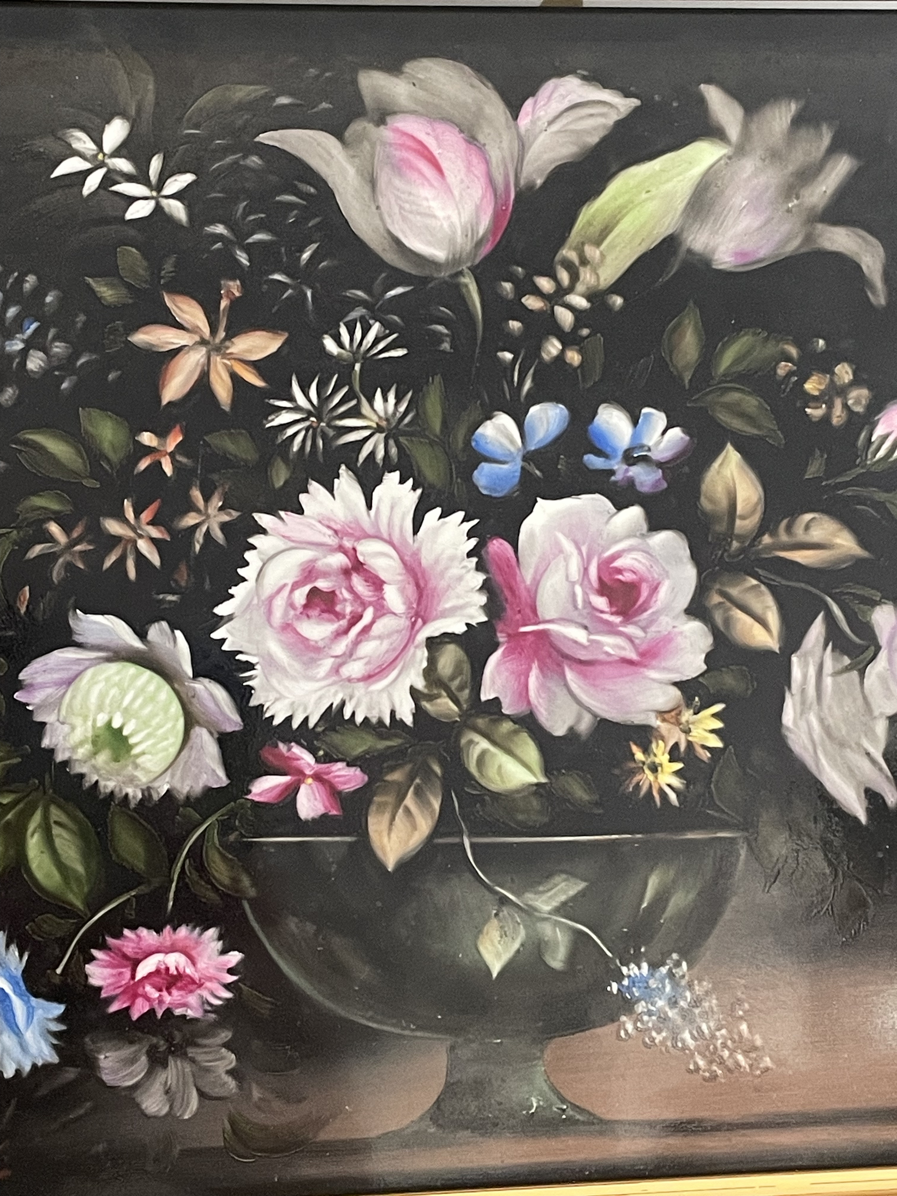 黑釉底色手绘静物花卉中古瓷板画