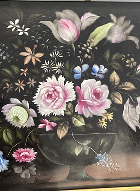 黑釉底色手绘静物花卉中古瓷板画