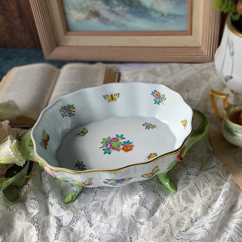 果碗ins田园新艺术风手绘浮雕维多利亚女王herend四足创意中古瓷