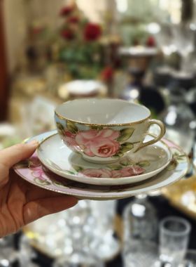 复古手绘玫瑰花描金茶杯三件套