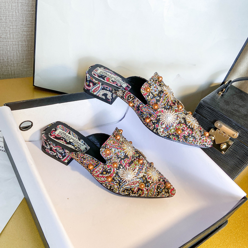 拖鞋潮夏中粗跟旗袍尖头包头