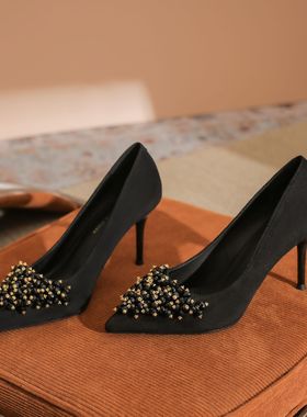 6681C-130浅口绒面细跟高跟鞋女鞋尖头单鞋水钻通勤鞋职业鞋