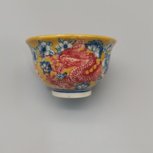釉下五彩五六七老厂瓷龙穿万花黄稀土压手杯主人杯古玩陶瓷收藏