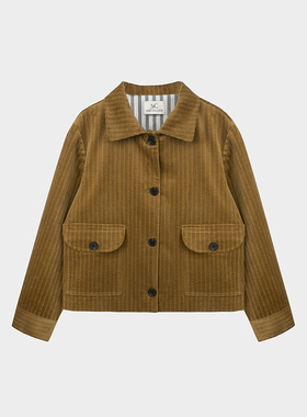 Miss couleur法式复古翻领古巴密棕色灯芯绒外套MC029