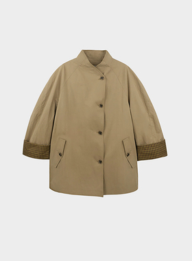 Miss couleur巴恩风风衣立领格纹翻边宽松外套MC26SS005