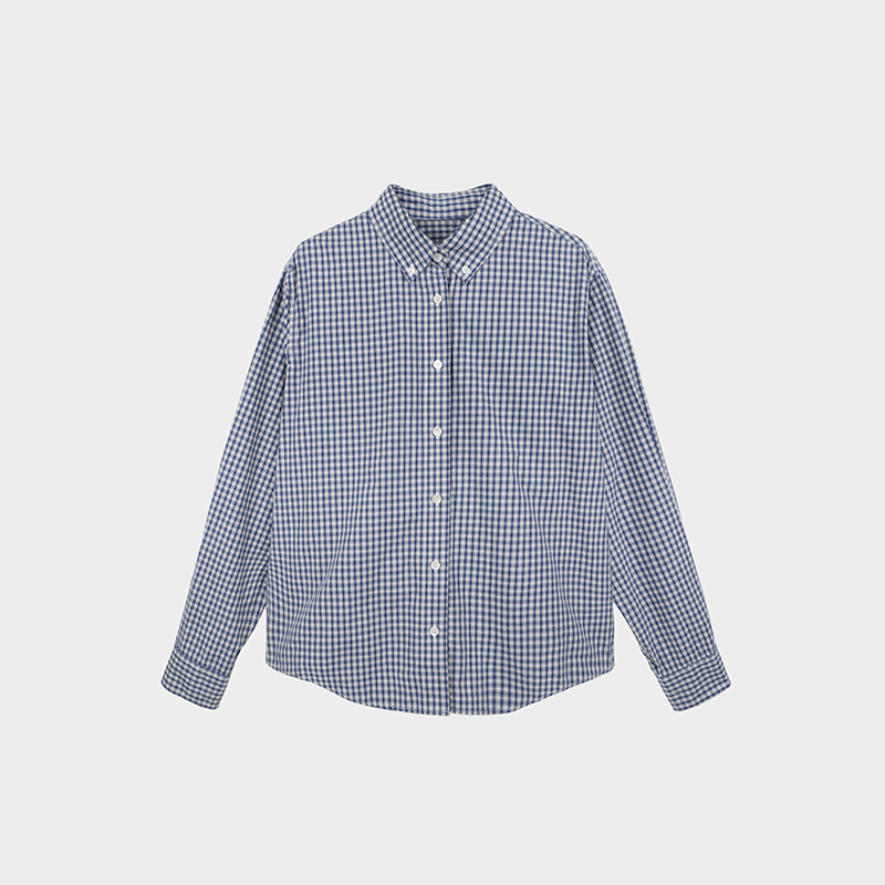 Miss couleur复古长袖蓝色格子衬衫女秋季宽松上衣外套MC034