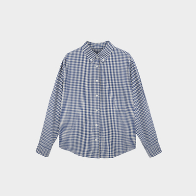 Miss couleur复古长袖蓝色格子衬衫女秋季宽松上衣外套MC034