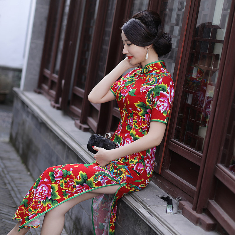 新款改良演出旗袍长款复古东北花色大花布修身走秀优雅开衩