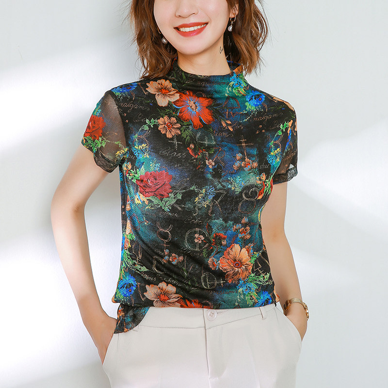 真丝T恤女短袖上衣立领桑蚕丝百搭经典印花通勤夏季透气薄款短款