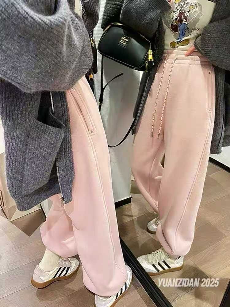 加婴儿绒加绒加厚粉色卫裤女2025冬束脚裤宽松显瘦保暖休闲运动裤