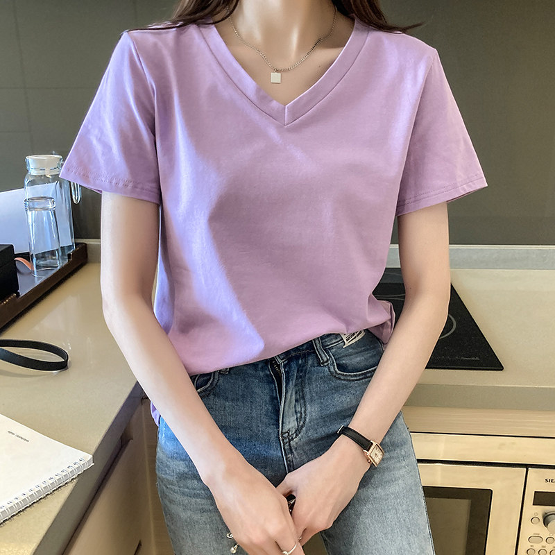 白色t恤女短袖2021春夏季新款韩版宽松鸡心领纯色体恤纯棉v领上衣