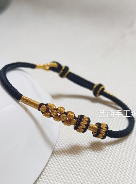 手工编织桃花手绳男女情侣手链可穿转运珠黄金黑色送男士简单大气