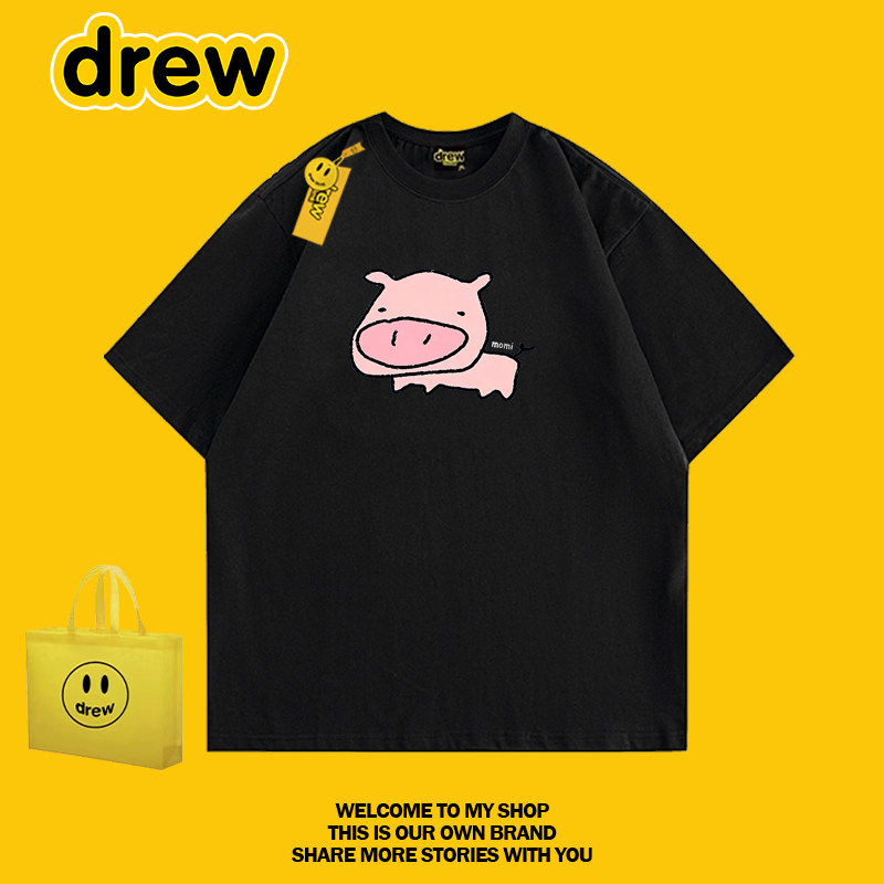 drew美式潮牌卡通小猪印花短袖T恤男女宽松纯棉情侣装夏季穿搭