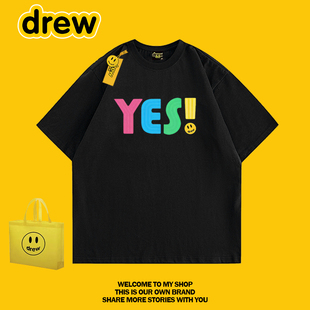drew美式潮牌YES短袖T恤男女同款黑色圆领宽松显瘦纯棉上衣