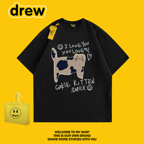 drew卡通猫咪印花纯棉宽松T恤