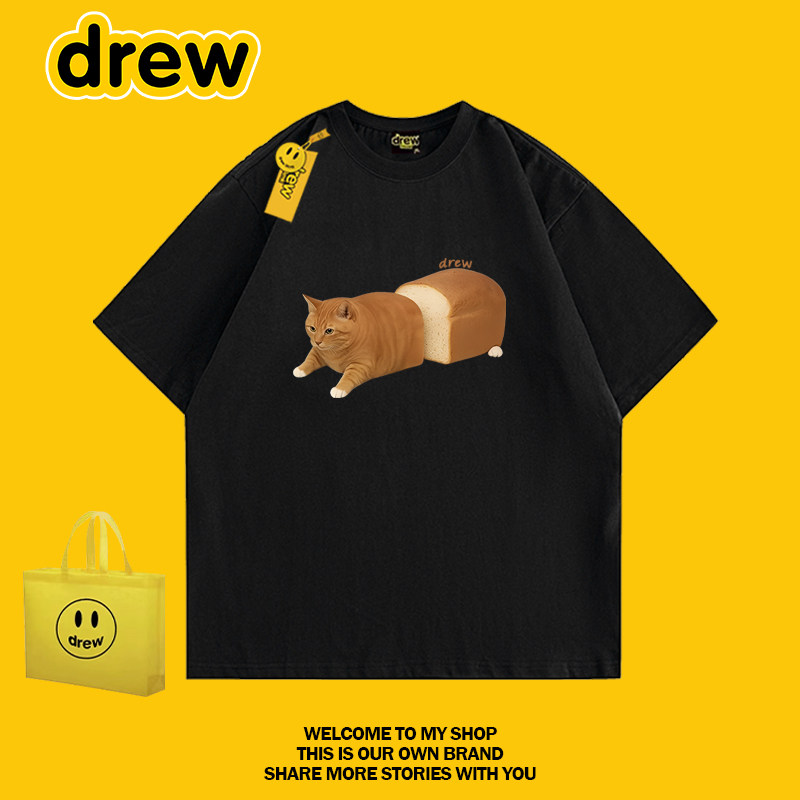 drew 美式潮牌趣味搞怪猫咪印花短袖纯棉T恤情侣宽松百搭休闲上衣