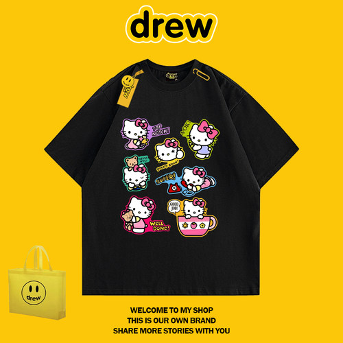 DREW HUSSRY 美式潮牌HelloKitty可爱卡通纯棉短袖恤男女百搭夏季
