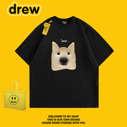 Drew笑脸纯棉T恤宽松情侣黑色