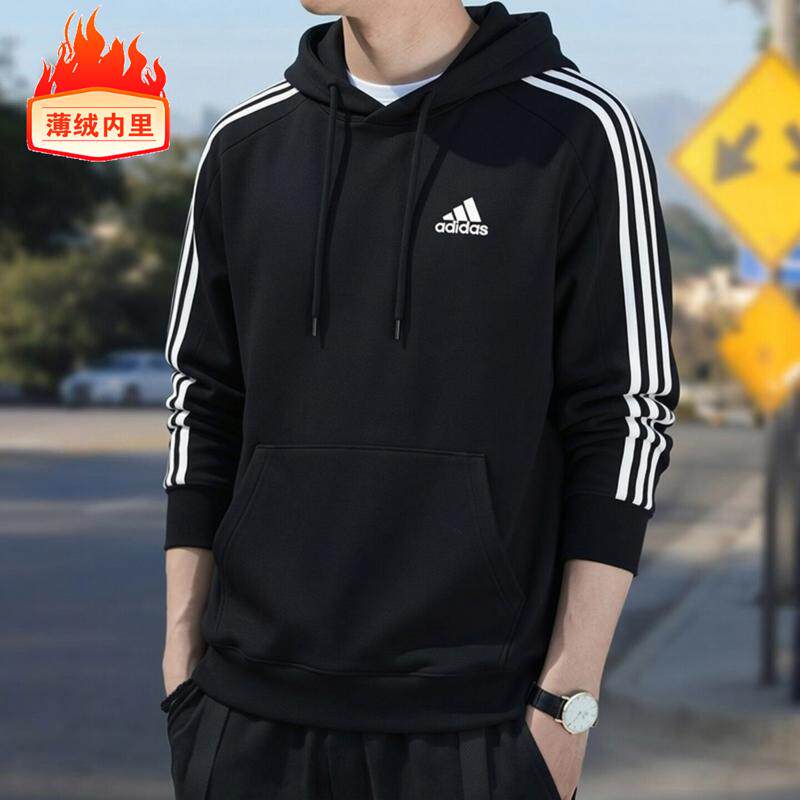 adidas阿迪达斯卫衣男秋冬宽松加绒连帽黑色复古运动外套防风上衣