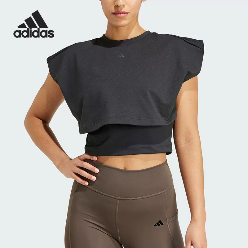 Adidas/阿迪达斯正品夏季女士短款运动健身双层背心T恤IW1496
