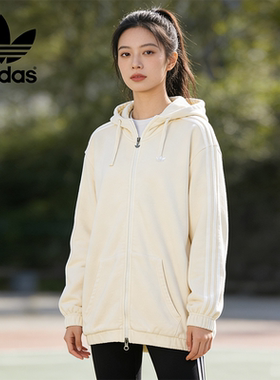 阿迪达斯正品三叶草夹克经典条纹女子2025新款宽松连帽外套JJ3092