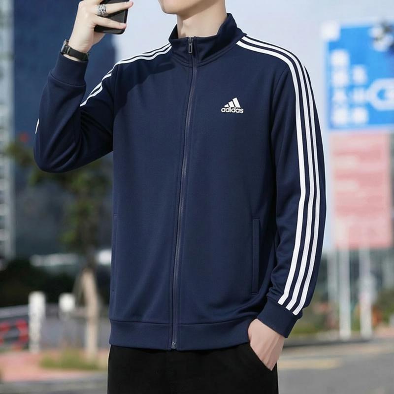 蓝色外套男防风衣秋季新款阿迪达斯运动服开衫男士复古三条纹夹克