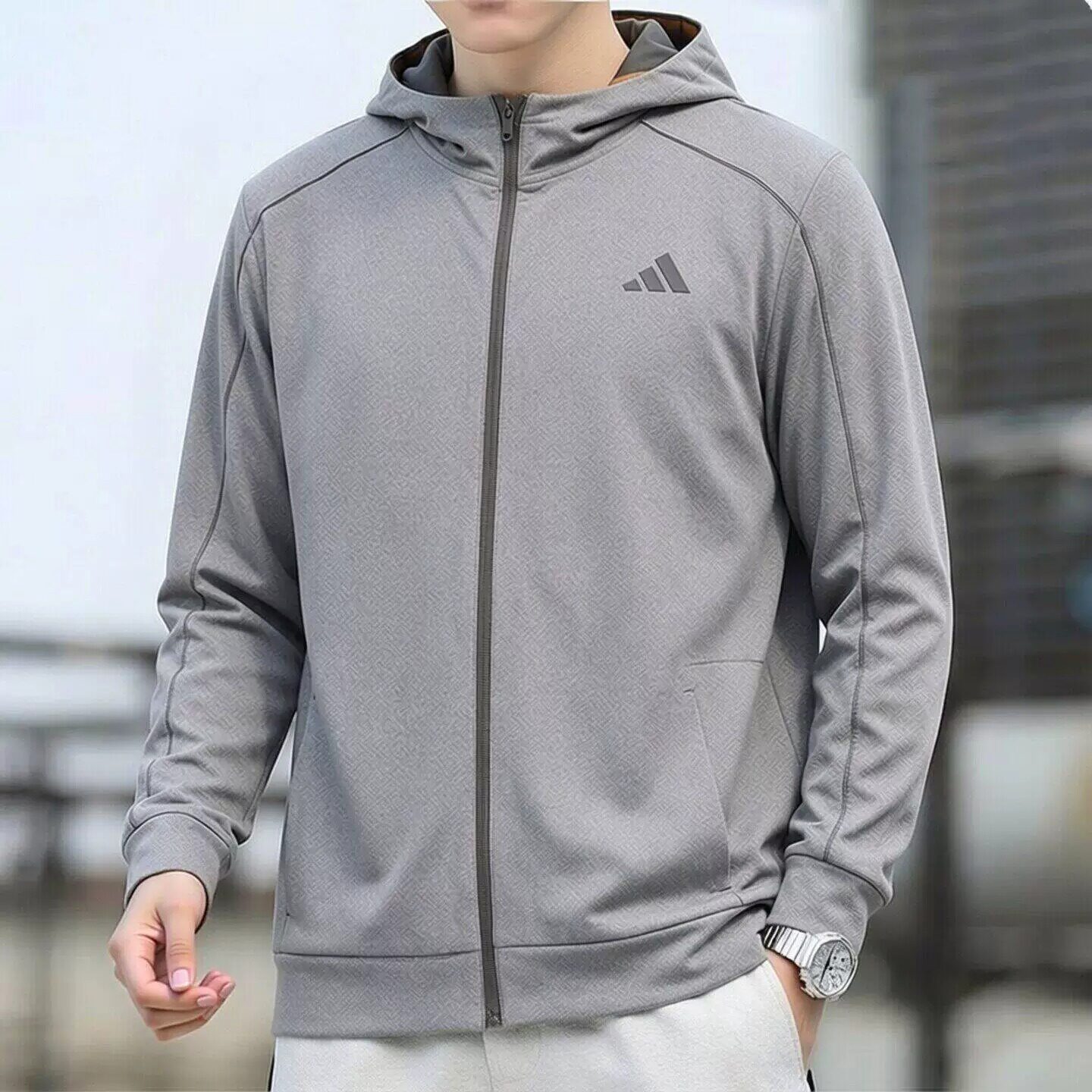 Adidas阿迪达斯梭织外套男装连帽运动服户外跑步夹克休闲上衣开衫