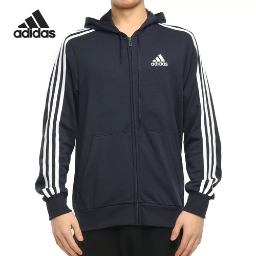 adidas阿迪达斯男子经典三条纹运动休闲连帽针织拉链外套GK9033