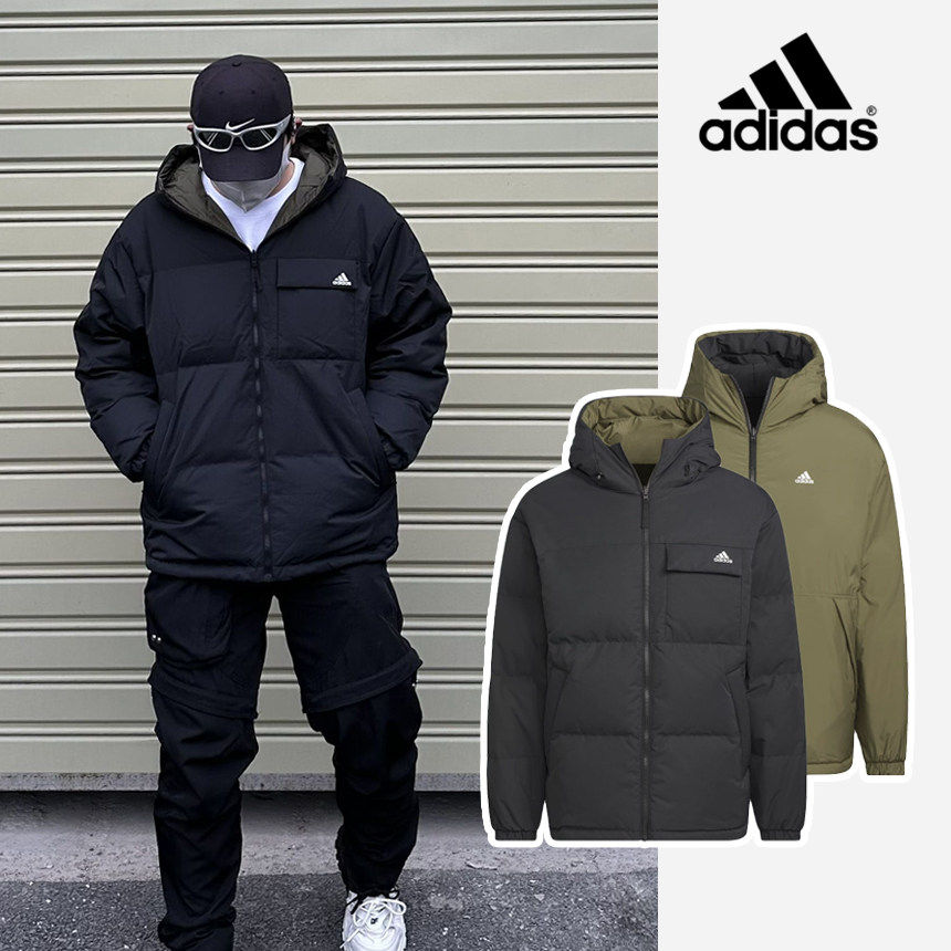 Adidas阿迪达斯正品男士防泼水双面穿户外保暖休闲连帽羽绒服外套