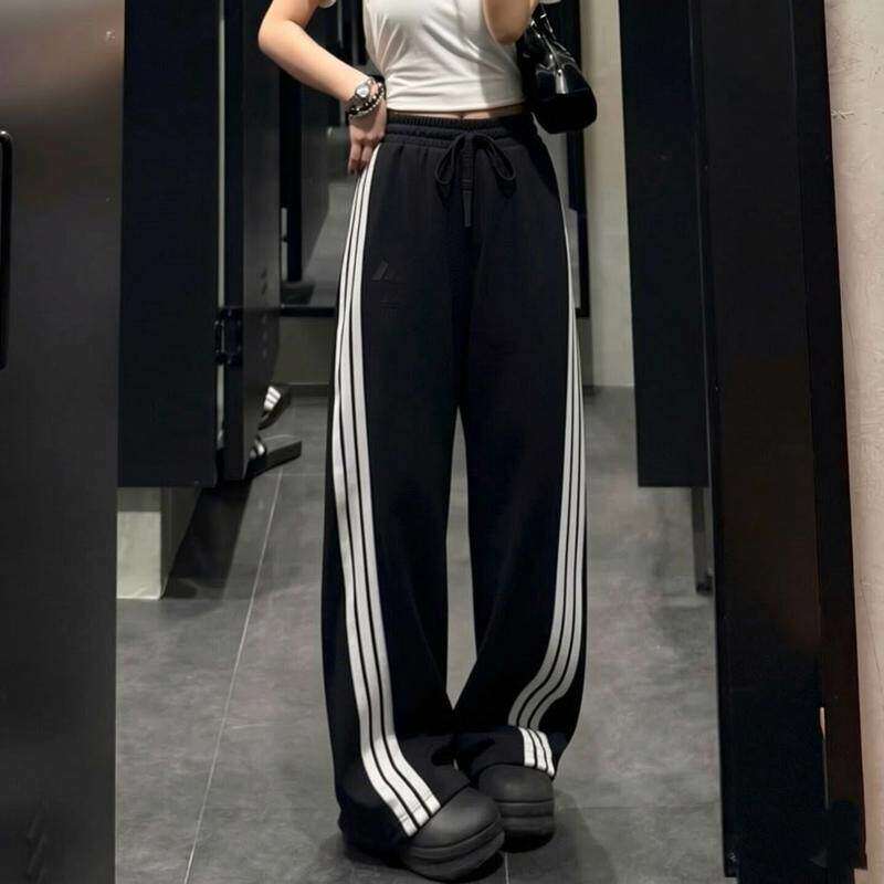Adidas阿迪达斯针织裤子女秋季高腰直筒裤美式街舞卫裤复古运动裤