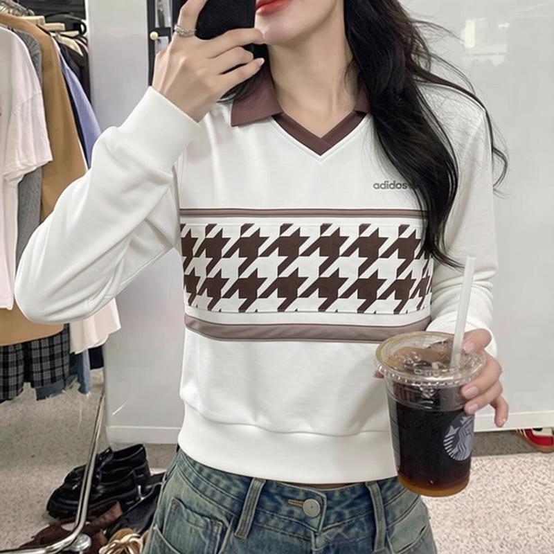 阿迪达斯三叶草短款上衣女长袖秋季复古校园千鸟格韩版打底卫衣