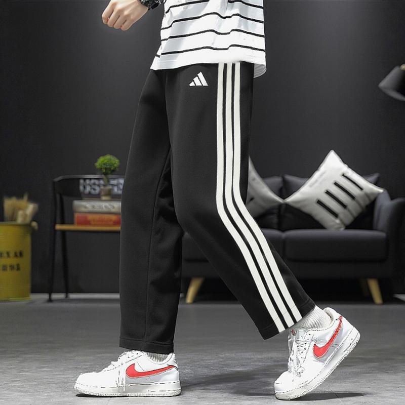 adidas阿迪达斯裤子男秋新款三条纹休闲防风针织直筒篮球运动长裤