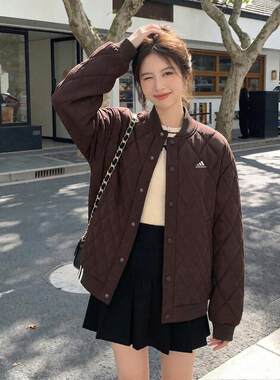 阿迪达斯轻薄棉服女棒球服秋冬复古宽松保暖防风棕色韩版加厚外套