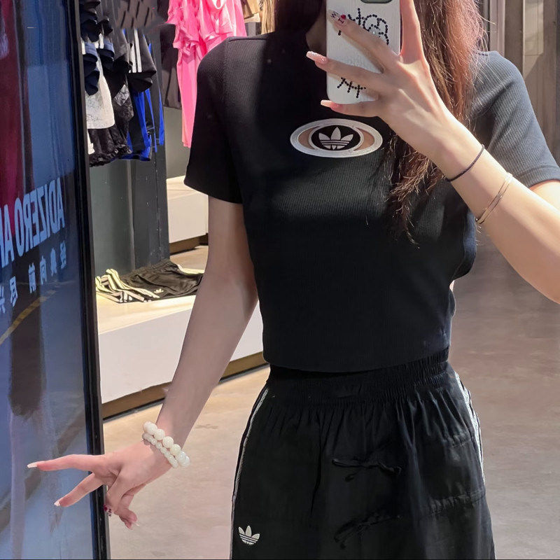 Adidas阿迪达斯三叶草女生短款修身辣妹上衣夏季露背时尚短袖T恤
